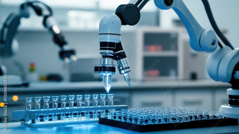 Poster robotic arm performing precision liquid handling in laboratory