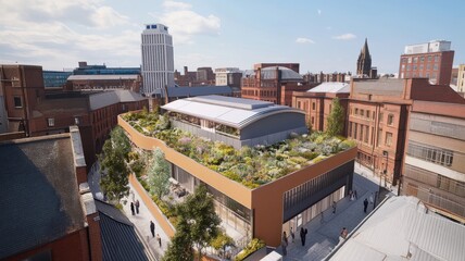 Obraz premium A cityscape with a large building with a green roof