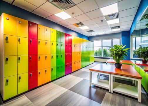Modern office interior with a stylish loker, bright colors, and clean design for workspace organization