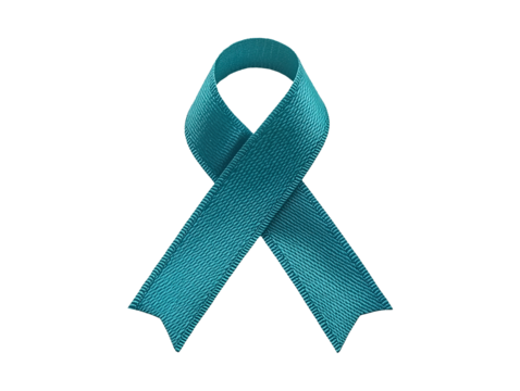 Teal ovarian cancer awareness ribbon isolated on transparent or white background
