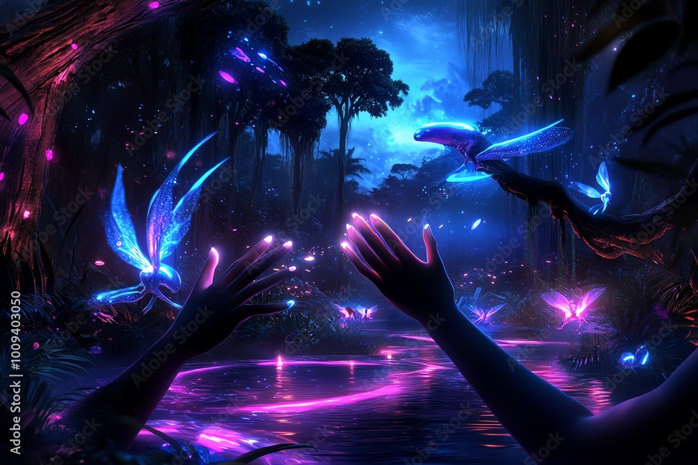 Poster a magical farewell scene in an enchanted forest, where glowing creatures gather as two figures part 