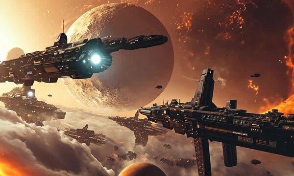 A Fleet of Futuristic Warships Flying Past a Glowing Planet