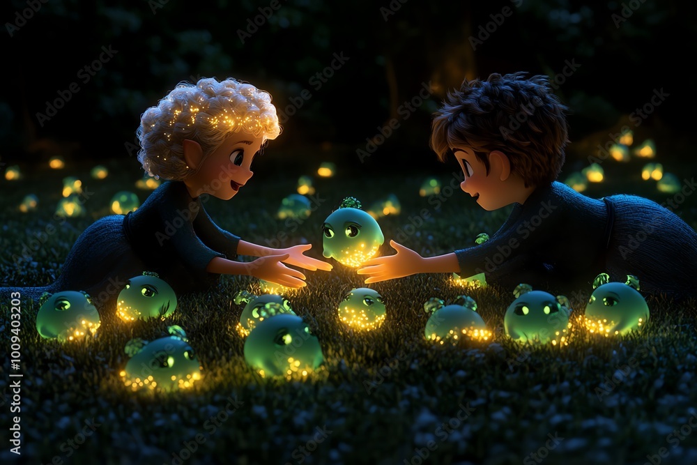Poster a magical farewell scene in an enchanted forest, where glowing creatures gather as two figures part 