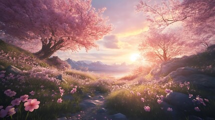 A picturesque scene of blooming cherry blossoms in a lush valley at sunset.