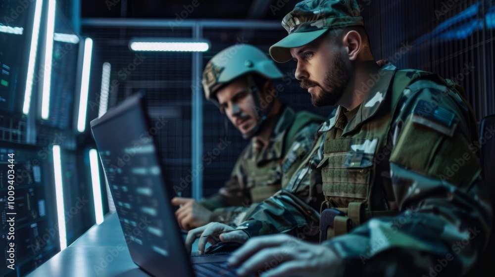 Poster two soldiers are sitting at a table with a laptop in front of them