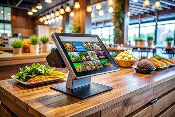 Modern Point of Sale System with Touchscreen Display and Payment Processing on a Wooden Table