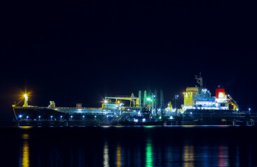 Offshore Oil Tanker ship in The Middle of The Sea at night