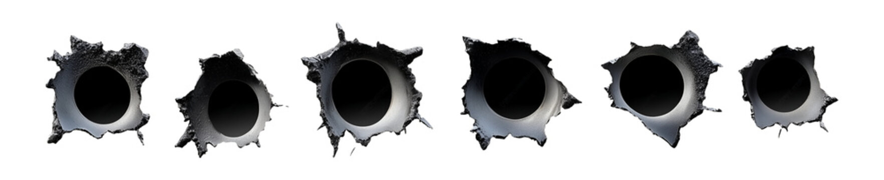 Collection set of metal bullet holes isolated on transparent or white background