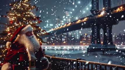 Santa Claus enjoying the view of Brooklyn Bridge during a Christmas snowy night.