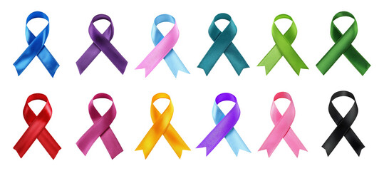 Collection set of awareness ribbons isolated on transparent or white background