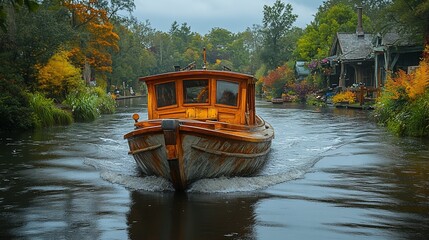 Obraz premium A wooden boat glides through a tranquil canal, surrounded by colorful autumn foliage.