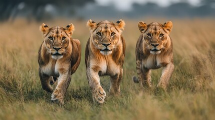 Three lionesses running in the tall grass, eyes focused on the camera.
