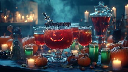A Halloween cocktail party scene with glasses of themed drinks like blood-red punch and green potions, set on a table decorated with small pumpkins and candles 