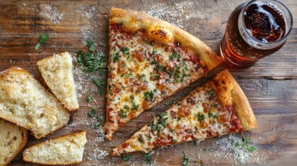 A delicious pizza slice with herbs, served alongside garlic bread and a drink.