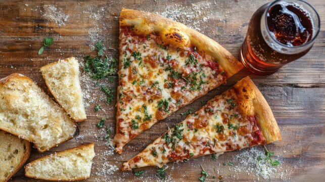 A delicious pizza slice with herbs, served alongside garlic bread and a drink.