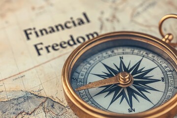 A compass is on top of a map with the words financial freedom written below it