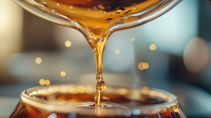 Macro shot of freshly brewed coffee dripping into a glass carafe, capturing the light passing through the amber liquid.
