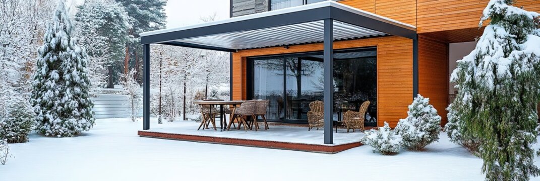 A winter terrace of a modern wooden house with a metal aluminum canopy