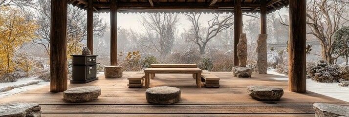A wooden frame platform in the middle of a Chinese garden in winter with a designer stone table,