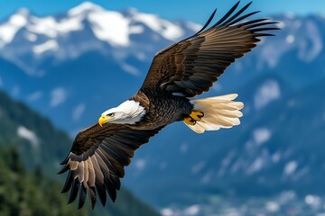 Obraz premium A majestic eagle soaring high above a mountain range, its wings spread wide as it glides effortlessly through the sky, capturing the essence of freedom in nature