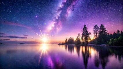 A serene lake surrounded by trees is illuminated by a glowing star against a backdrop of a deep purple night sky. The water reflects the cosmic beauty as twilight descends. Generative AI