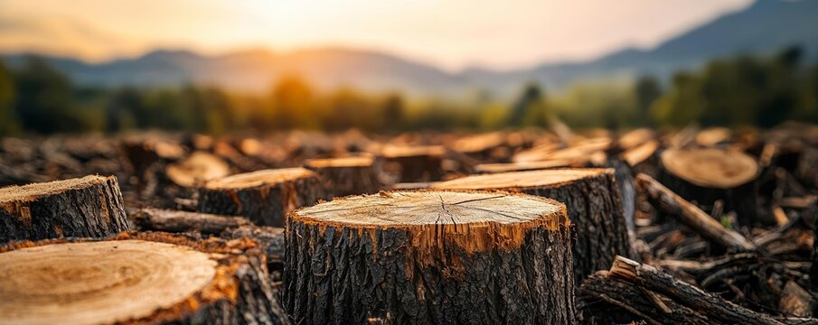 Barren landscape filled with tree stumps and debris, showcasing the urgent need for conservation and reforestation, ecological disaster