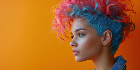 Young punk woman with colored hair on orange background