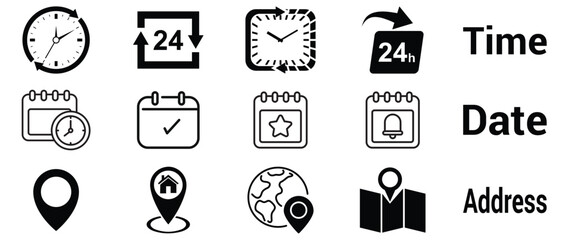 Time, date and address line icon set. Clock, calendar, location pin.  isolated on white background .Vector illustration.