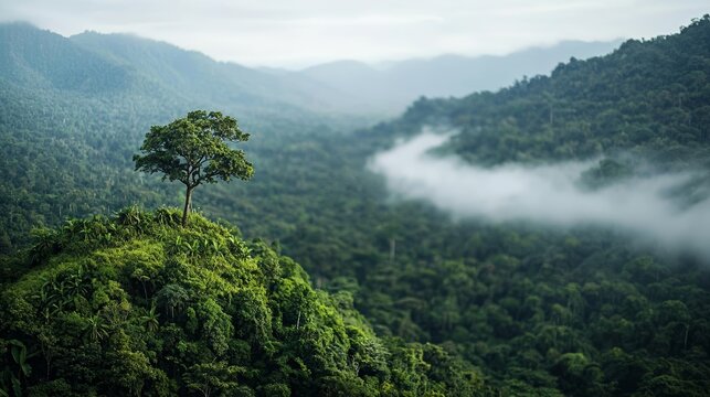 Deforested area with lingering mist, capturing the somber reality of environmental degradation and the call for sustainable practices