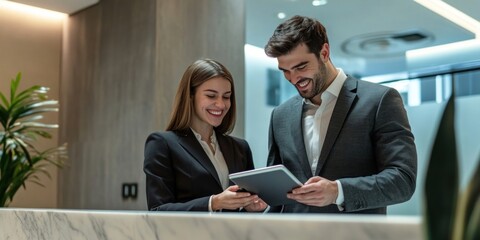 Business man and woman in suits smiling while using a tablet office modern collaboration.