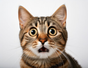 Retrato de gato con expresion de sorpresa sobre fondo blanco

