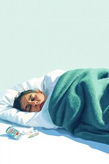 A person sleeping under a blanket, surrounded by medicine and a remote control.