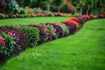 A lush green lawn with a flower garden in the background, generative ai image