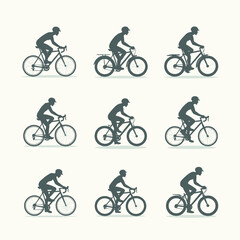 Fototapeta premium Silhouettes of cyclists in various poses showcasing different styles of bicycles against a neutral background.