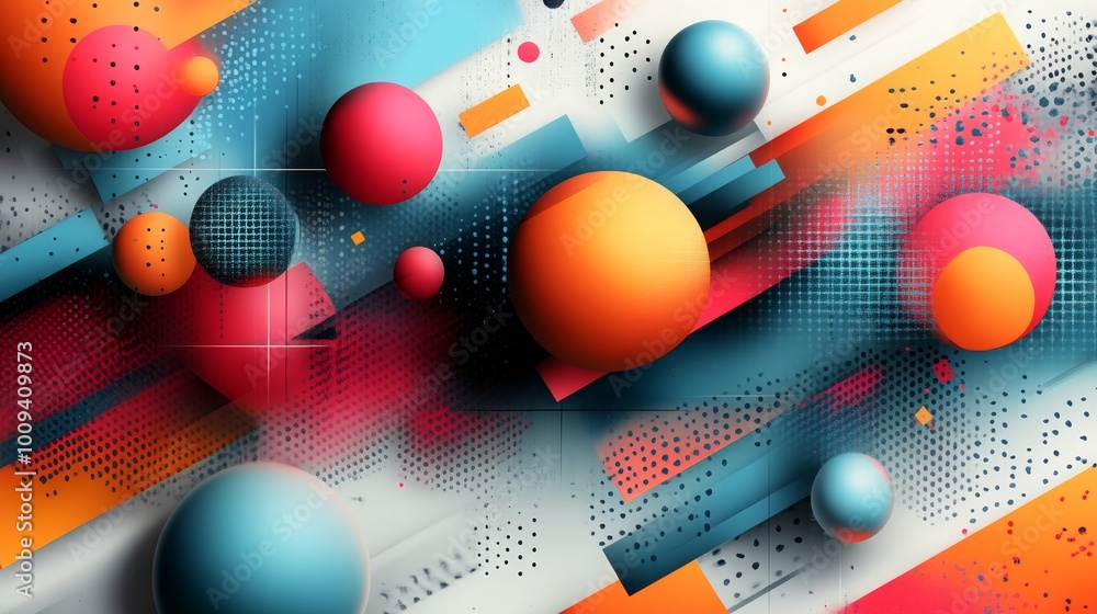 Poster colorful abstract design with geometric shapes and dynamic patterns creating a vibrant atmosphere