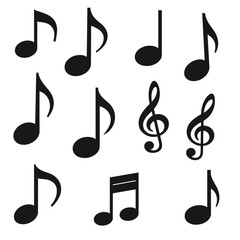 Fototapeta na wymiar A collection of black musical notes and symbols on a white background, showcasing various types of notations used in music composition.