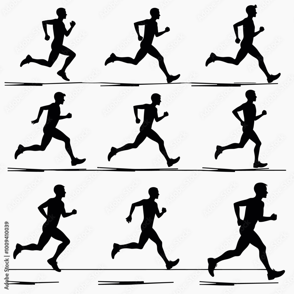 Poster silhouettes of nine men running in sequence showing the dynamic motion of sprinting on a white backg