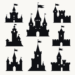 Obraz premium Silhouettes of various castles with towers and flags against a plain background, showcasing classic medieval architecture.
