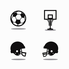 Black and white icons of a soccer ball, basketball hoop, and two football helmets on a white background.