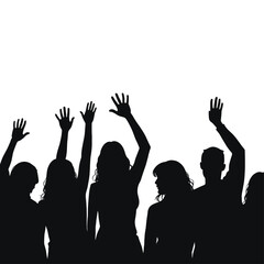 Silhouettes of diverse people raising their hands in a gesture of enthusiasm and unity against a white background.
