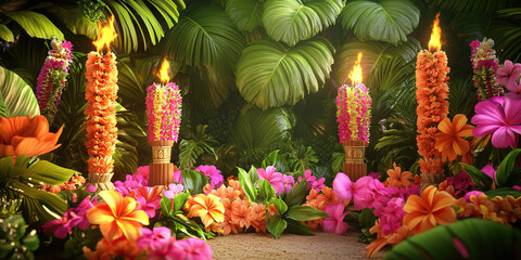 A lush tropical luau decorated with leis, tiki torches, and vibrant flowers in shades of pink, orange, and green.