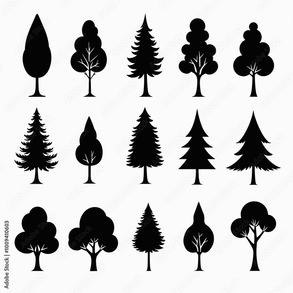 Poster silhouetted tree icons of various shapes and types on a white background, showing diverse tree forms