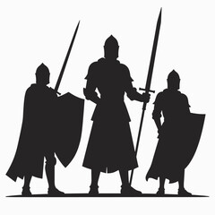 Silhouette of three medieval knights holding swords and shields, standing in a heroic pose.