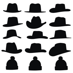 Silhouette collection of various hats and beanies in different styles, showcasing a classic and versatile range of headwear on a white background.