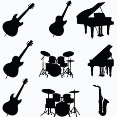 Silhouettes of various musical instruments including guitars, pianos, drums, and a saxophone.