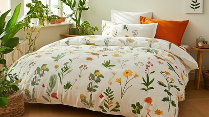 Stylish and modern sunny bedroom with botanical theme and vibrant decor