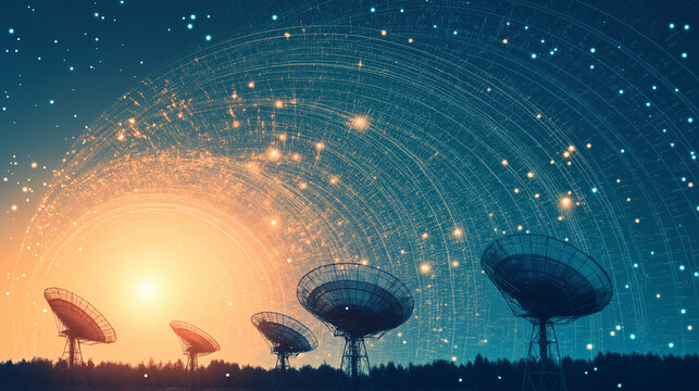 Silhouette of multiple satellite dishes overlaid with digital codes and signals, representing high-tech broadcasting systems - Powered by Adobe