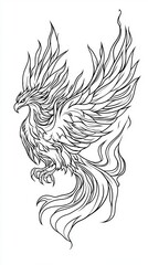 Fototapeta premium Simple line drawing of a phoenix with flames, white background, tattoo design 