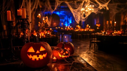 A spooky Halloween party setup with carved pumpkins glowing with candlelight, cobwebs hanging from the ceiling, and eerie lighting casting shadows across the room