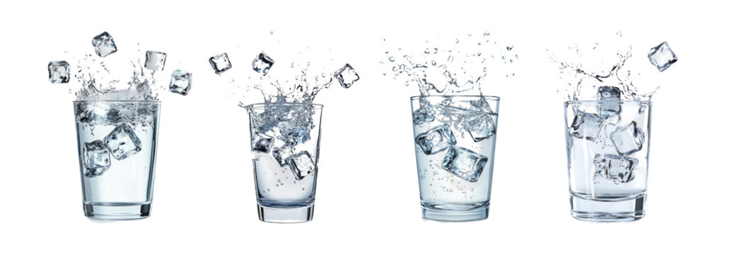 Ice Cubes Splashing in Clear Water Glasses